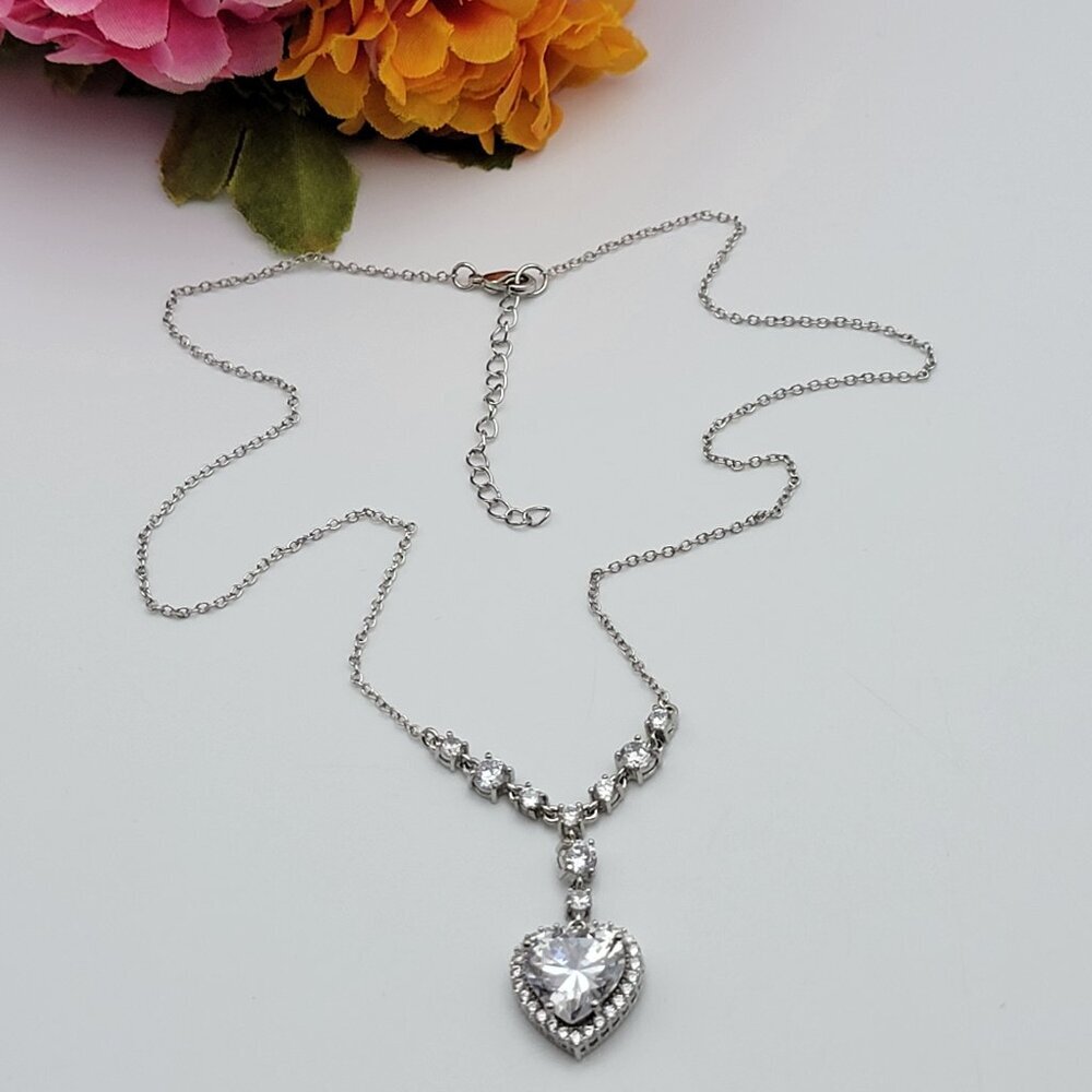 JCM Clear Cubic Zirconia Statement Heart Pendant Necklace Silver Plated 19.5"